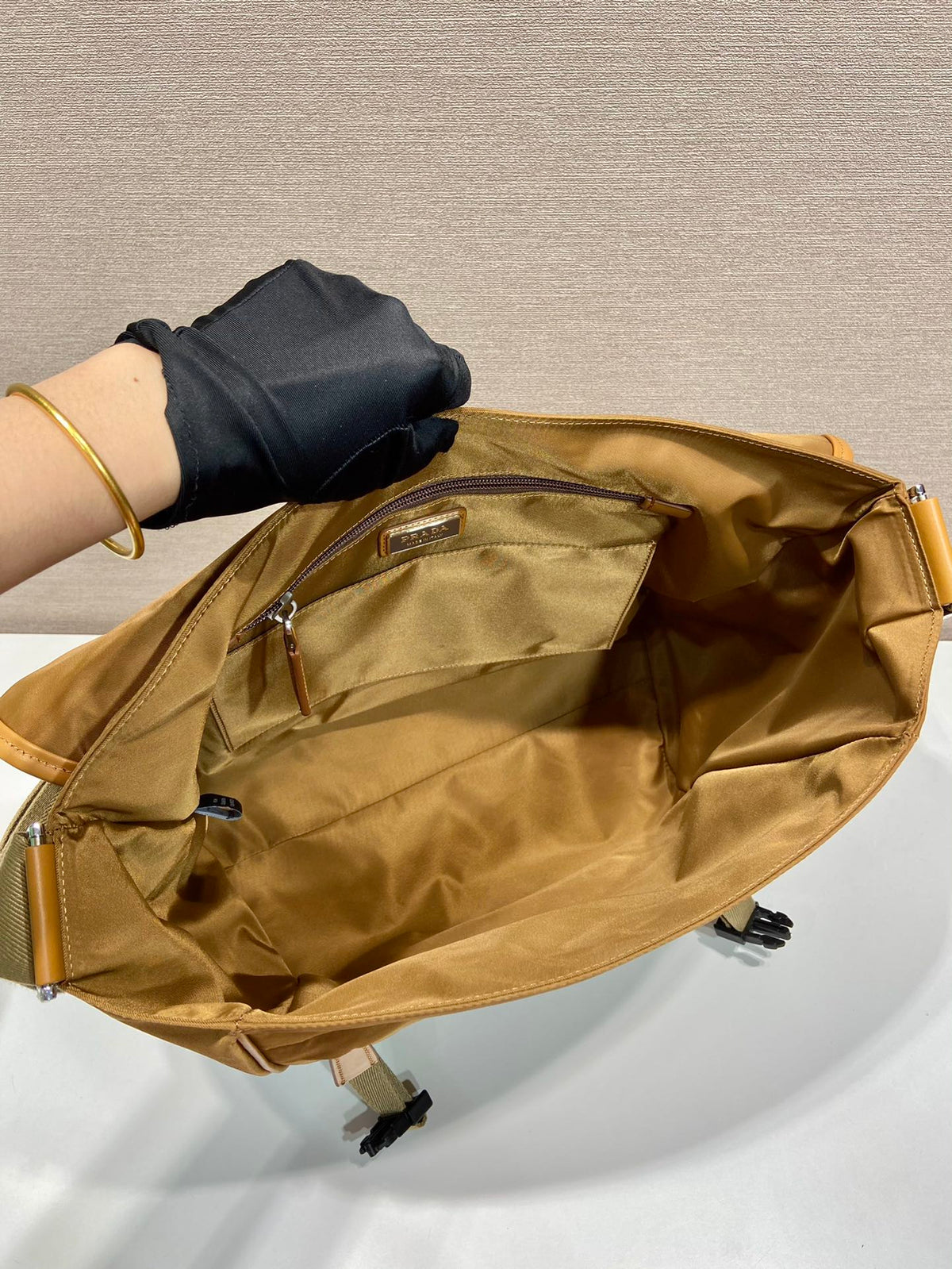 LARGE FLAP BAG 30 IN CIDER BROWN RE-NYLON AND CALFSKIN TRIM