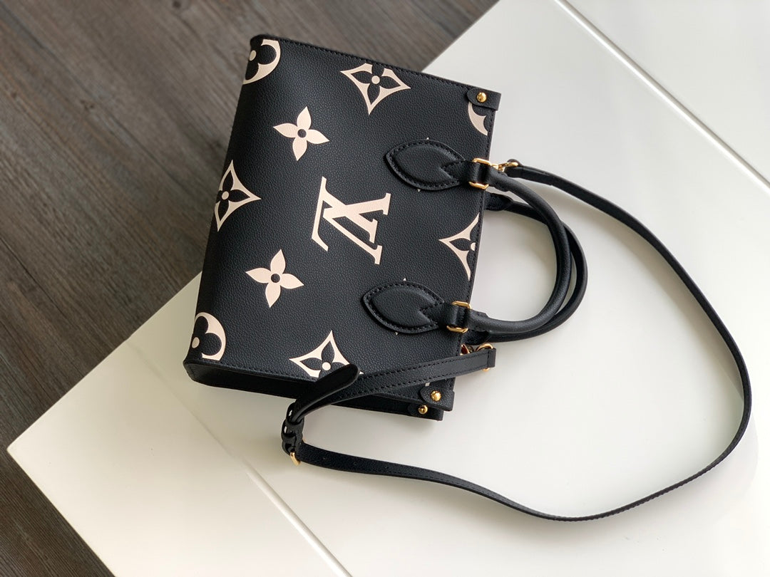 ONTHEGO TOTE 25 IN BLACK AND OFF WHITE MONOGRAM EMPREINTE