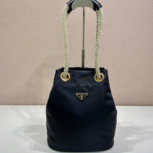 BUCKET BAG 28 IN BLACK RE-NYLON GOLD LOGO