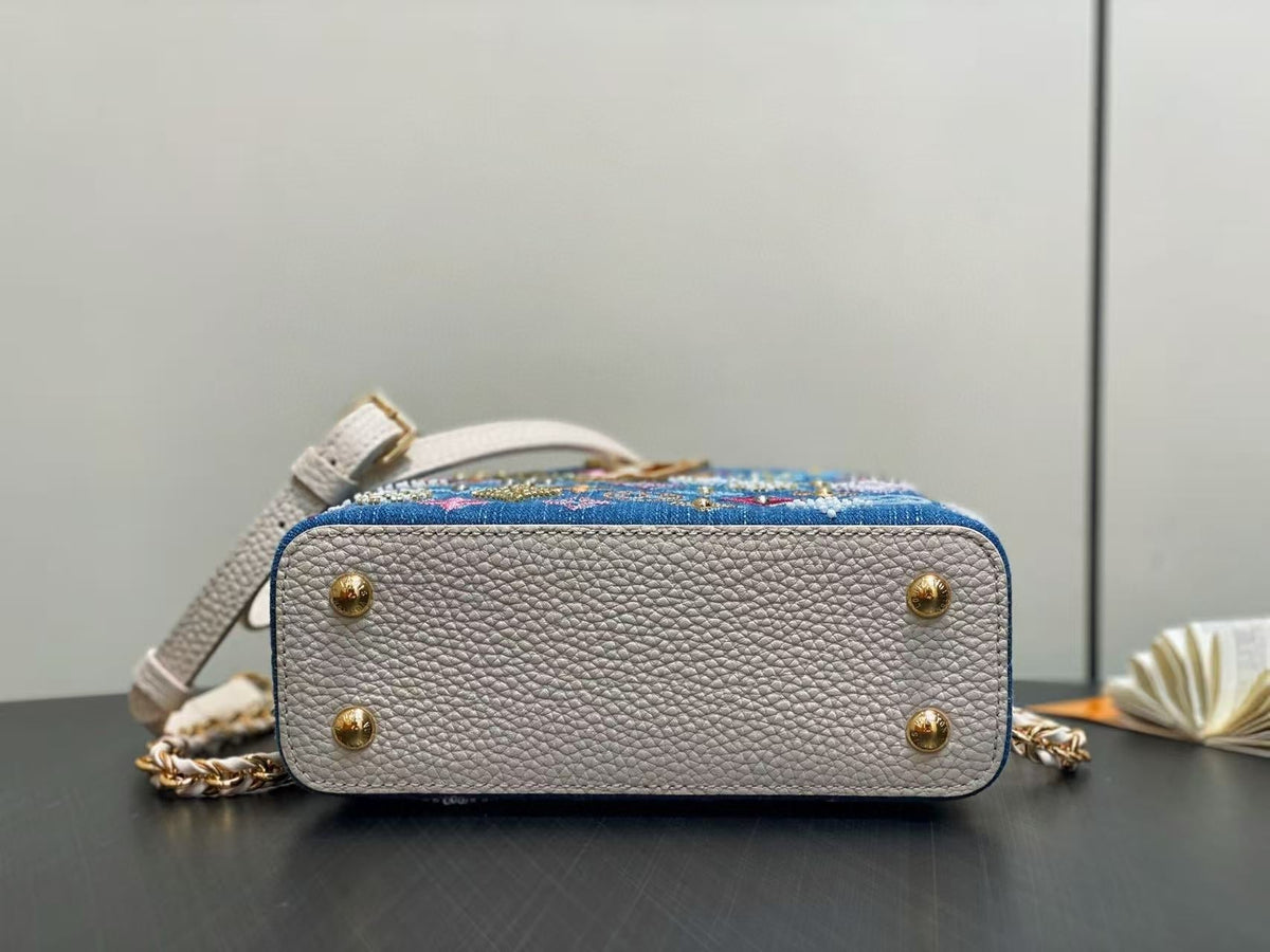 LV CAPUCINES BAG 21 PINIC IN COLORFUL DENIM GOLD HARDWARE