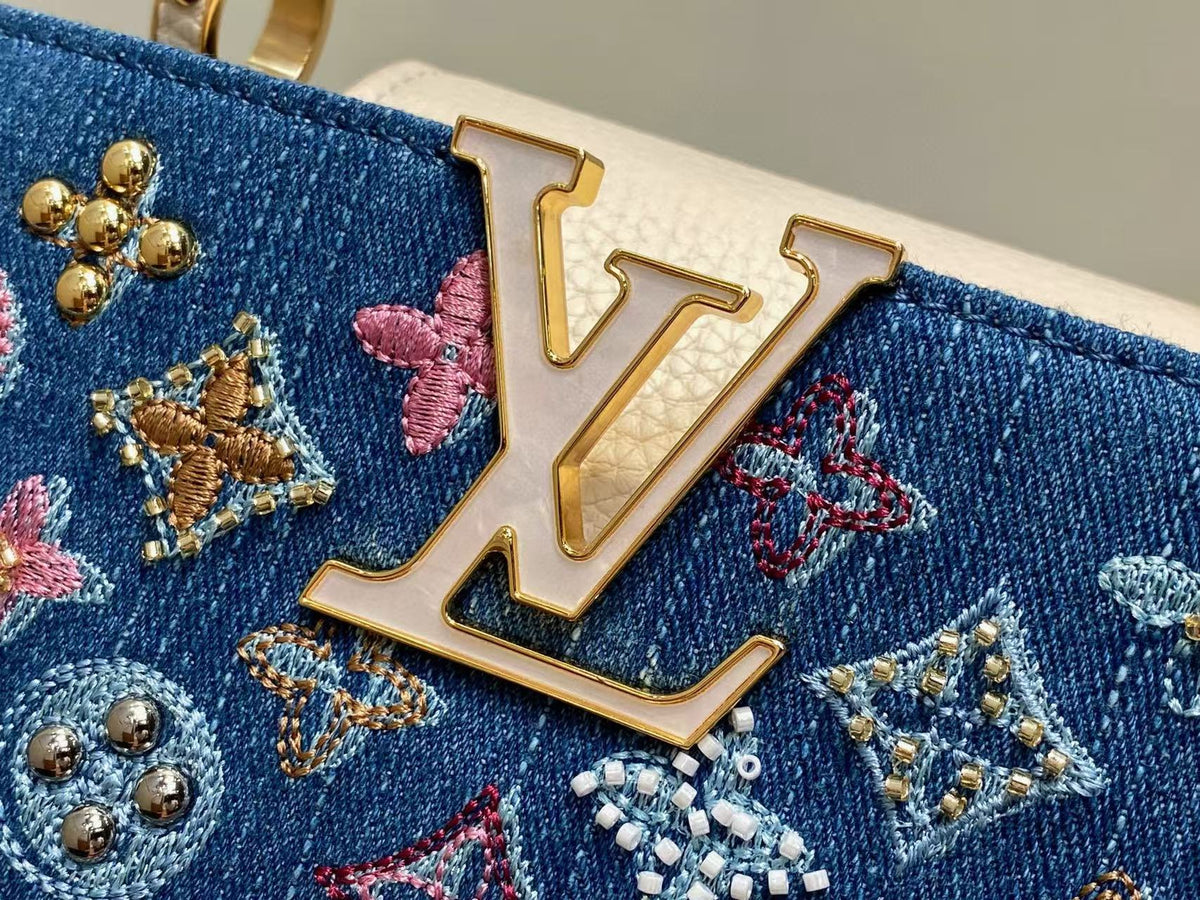 LV CAPUCINES BAG 21 PINIC IN COLORFUL DENIM GOLD HARDWARE