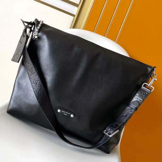 LV SHOULDER BAG 48 IN BLACK CALFSKIN EMBOSSED STRAP