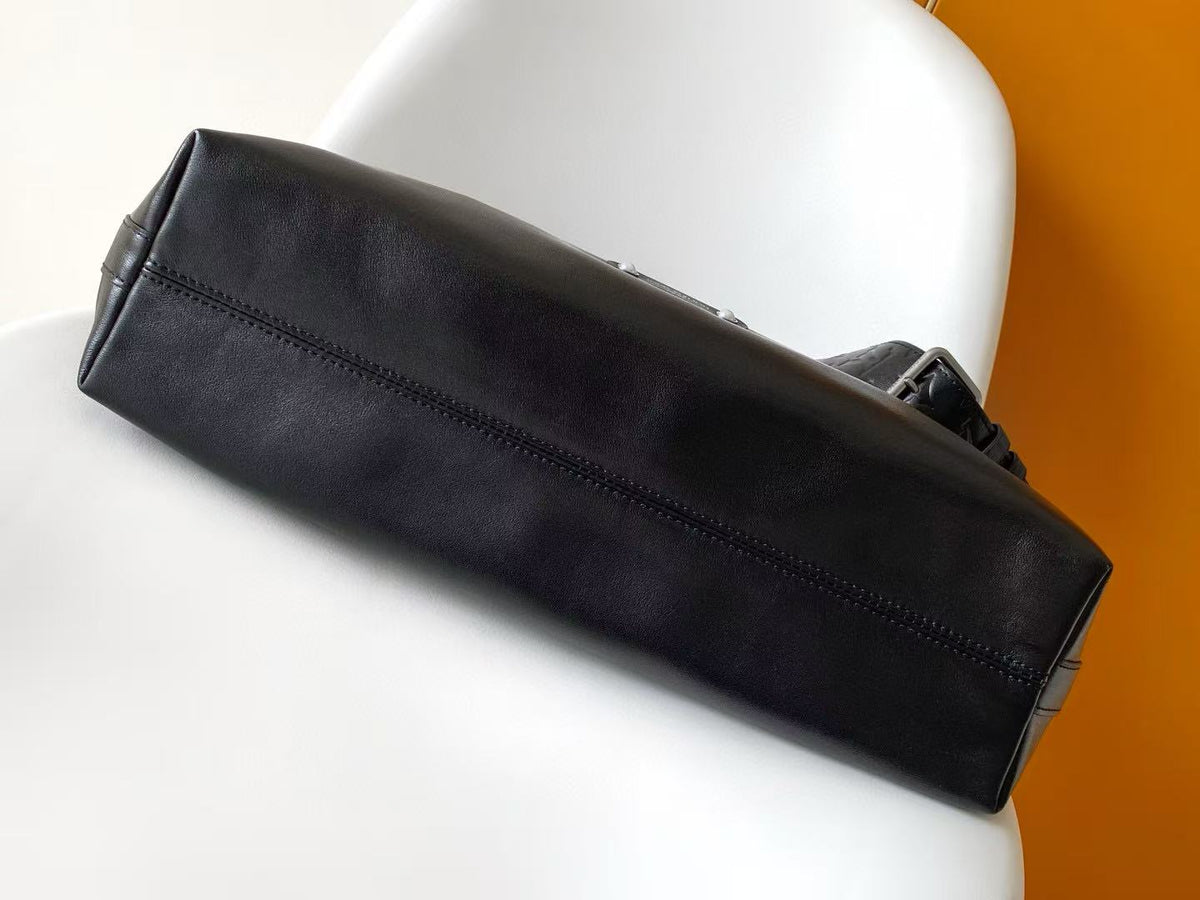 LV SHOULDER BAG 48 IN BLACK CALFSKIN EMBOSSED STRAP