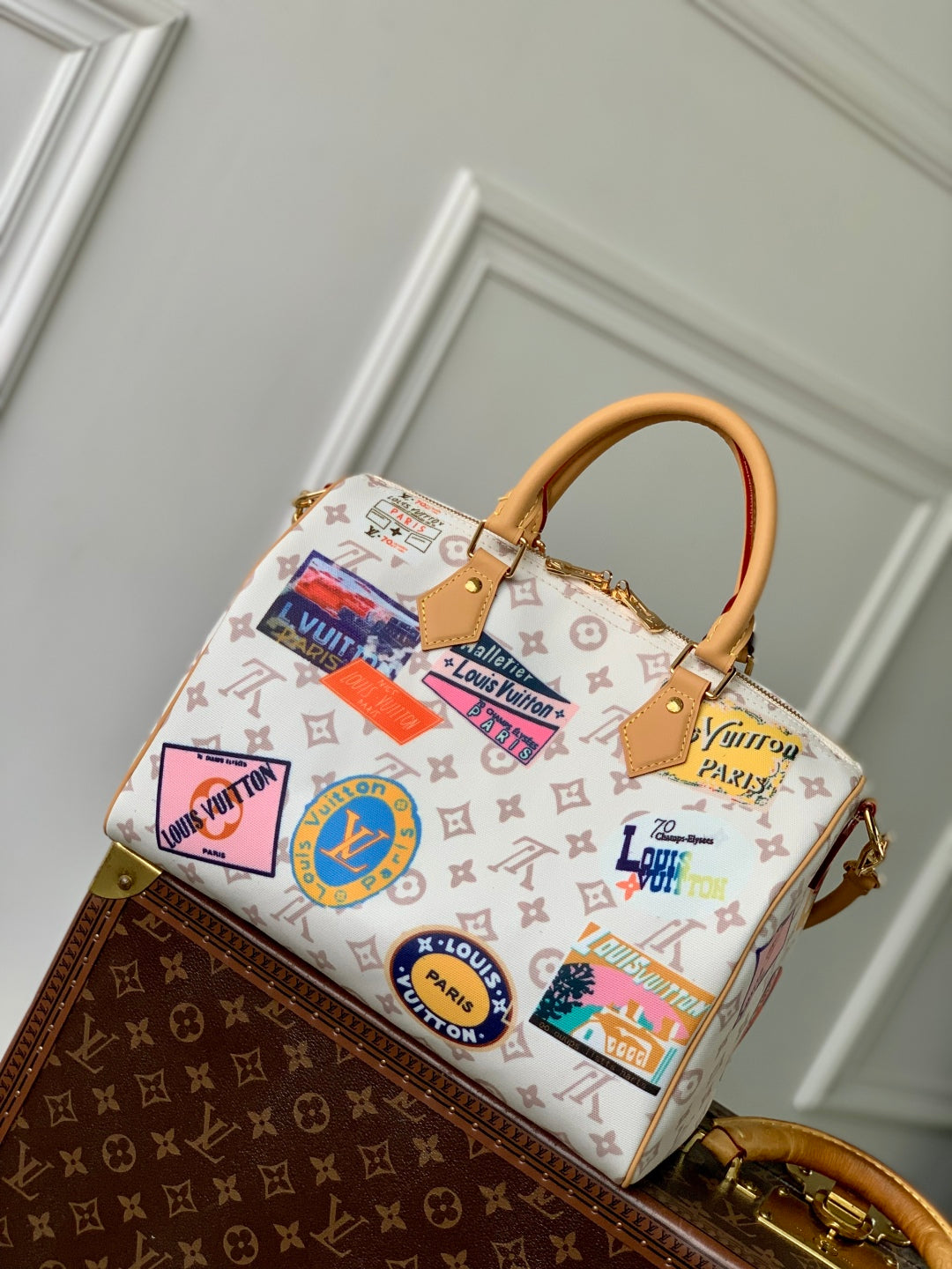 SPEEDY SOFT 30 IN WHITE MONOGRAM DUNE CANVAS AND CALFSKIN