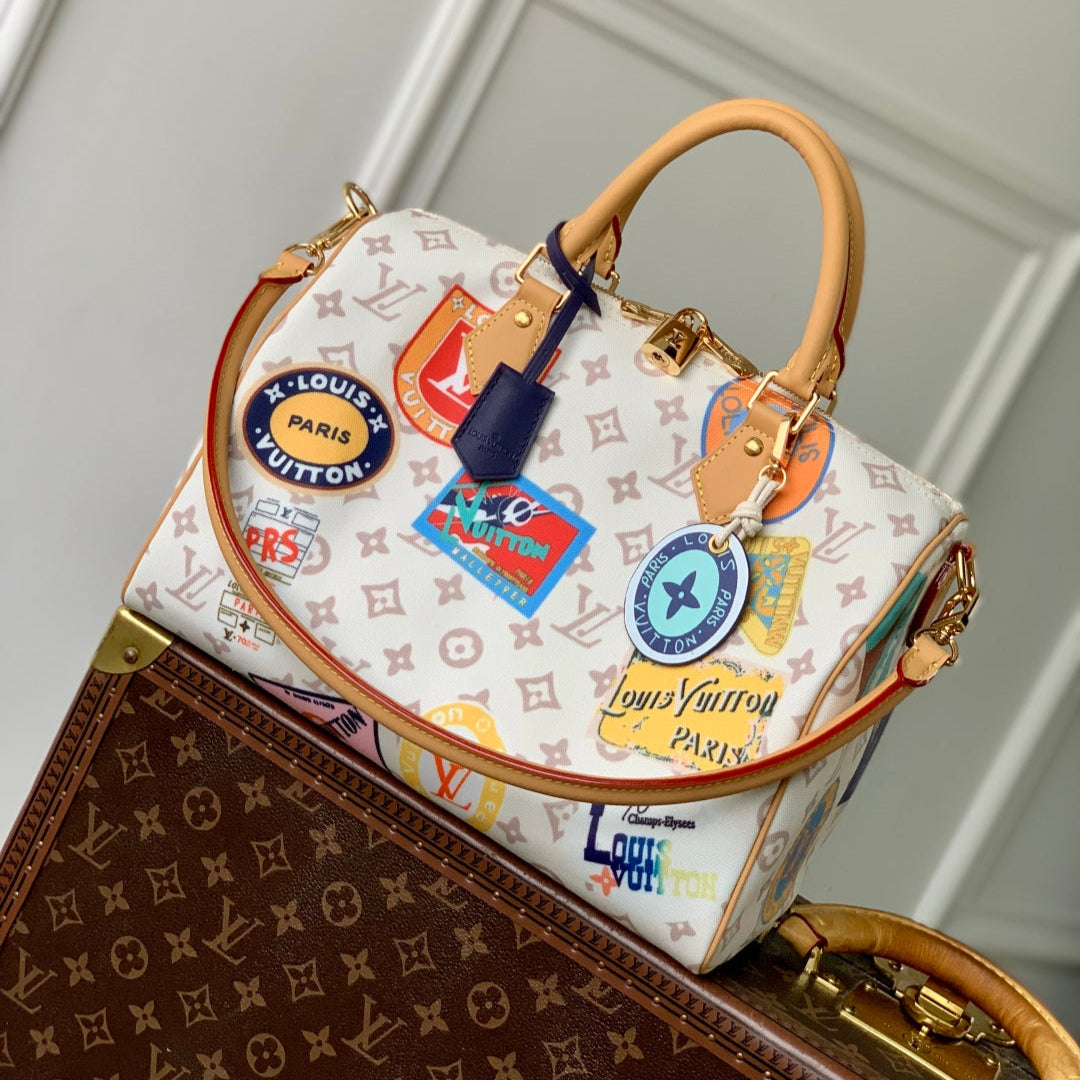 SPEEDY SOFT 30 IN WHITE MONOGRAM DUNE CANVAS AND CALFSKIN