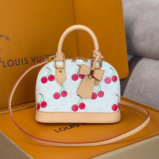 LV 25S ALMA BB 23 IN WHITE CANVAS MONOGRAM CHERRY PRINT GOLD HARDWARE