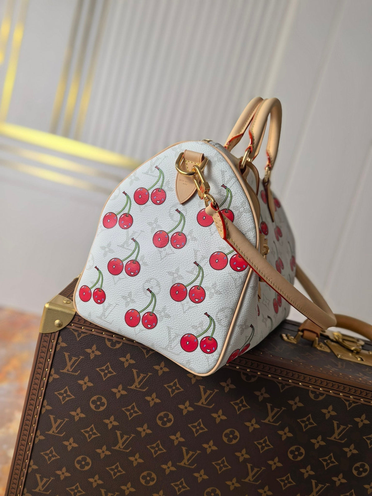 LV 25S SPEEDY SOFT 30 IN WHITE CANVAS MONOGRAM CHERRY PRINT GOLD HARDWARE