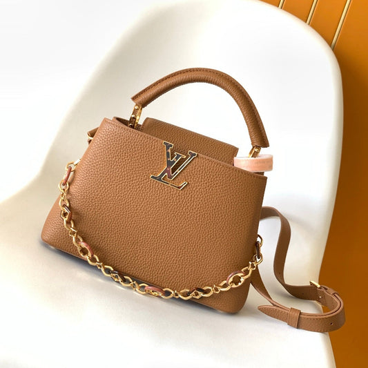 LV 25S CAPUCINES BAG 27 IN TAN CALFSKIN GOLD HARDWARE