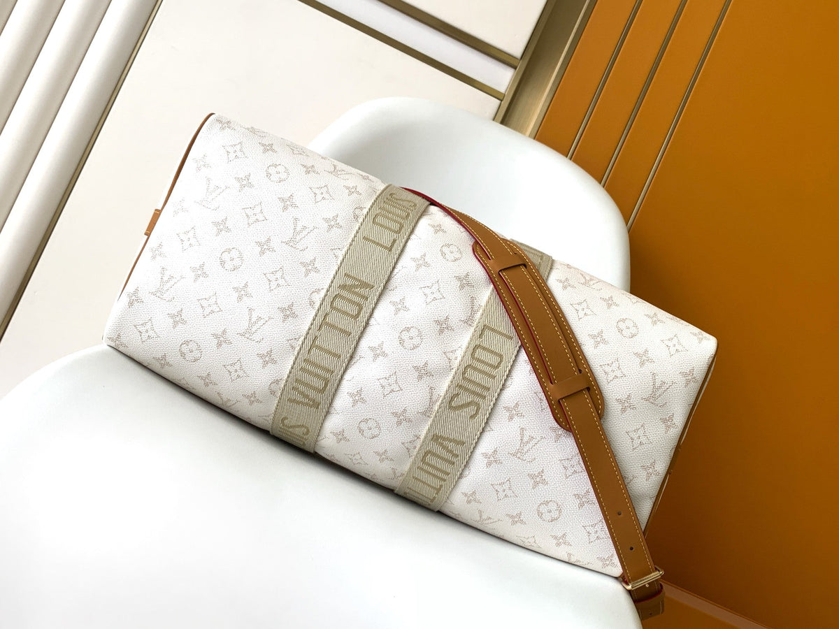 LV 25S KEEPALL BANDOULIÈRE BAG 45 IN WHITE MONOGRAM HERITAGE CALFSKIN