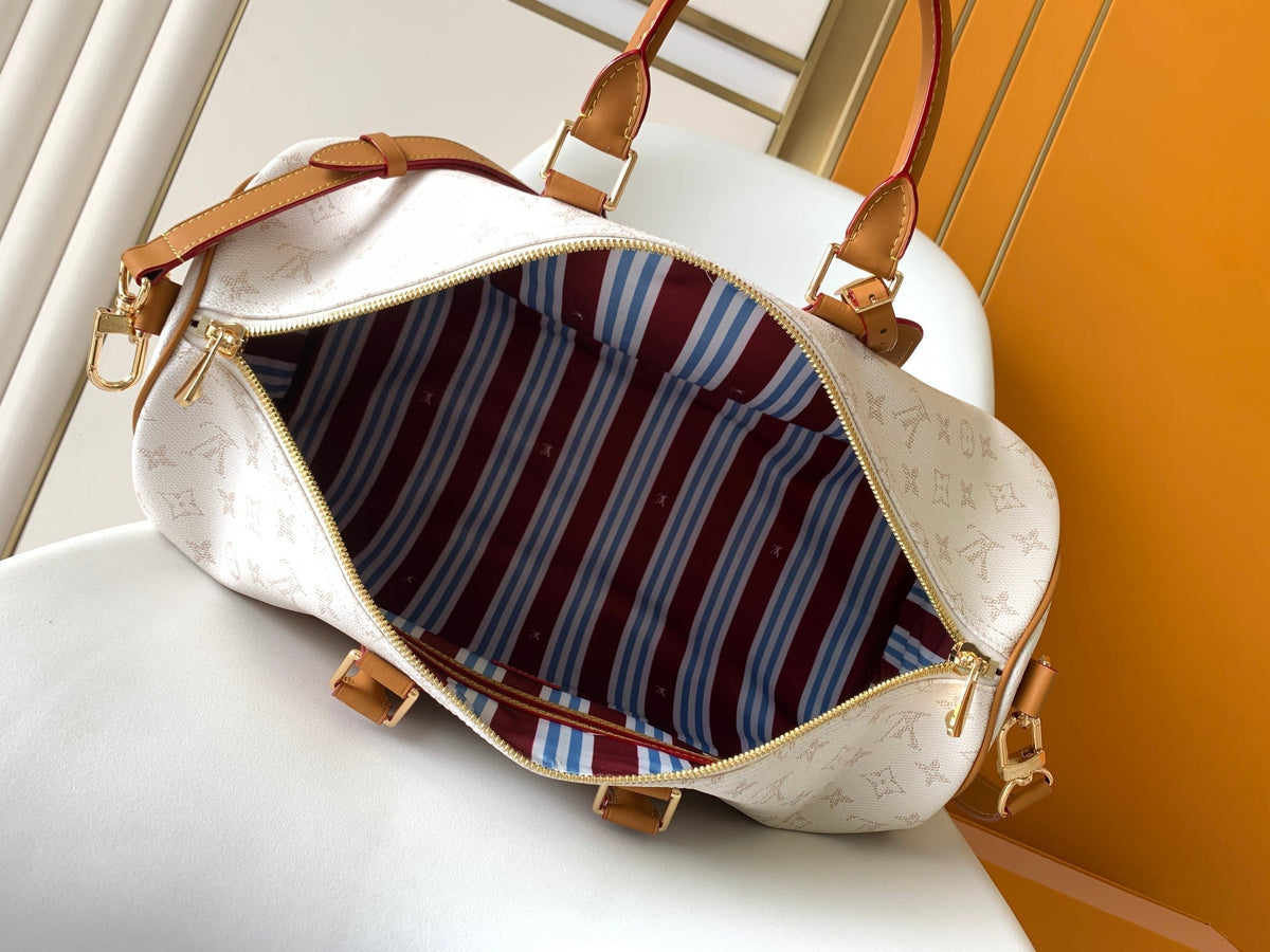 LV 25S KEEPALL BANDOULIÈRE BAG 45 IN WHITE MONOGRAM HERITAGE CALFSKIN