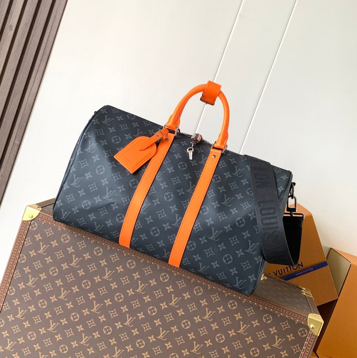 LV 25S KEEPALL 45 WITH SHOULDER STRAP IN BLACK ORANGE COATED MONOGRAM ECLIPSE CANVAS AND CALFSKIN