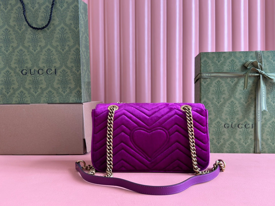 GUCCI 25S GG MARMONT 26 CM IN DEEP PINK PURPLE VELVET WITH GOLD HARDWARE