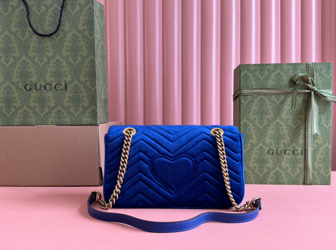 GUCCI 25S GG MARMONT 26 CM IN DARK BLUE VELVET WITH GOLD HARDWARE