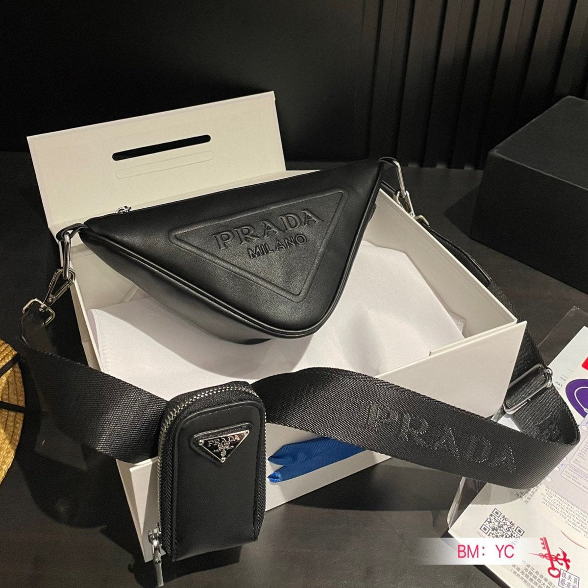PRA TRIANGLE 26 SHOULDER BAG IN BLACK CALFSKIN