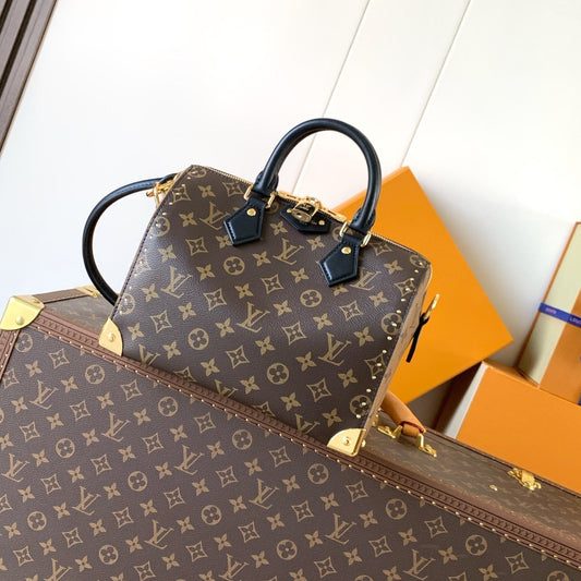 LV 25S SPEEDY TRUNK BAG 27 IN BROWN MONOGRAM COATED CANVAS AND BLACK CALFSKIN